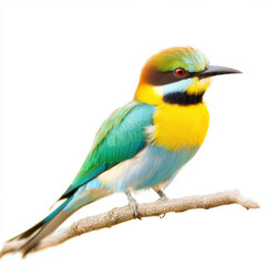 Fototapeta premium Colorful exotic bird with vivid blue, green, and yellow plumage perched on branch, bright natural wildlife background