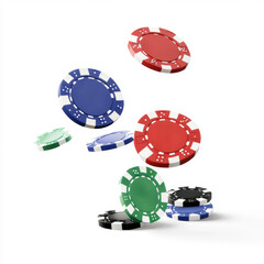 Colorful poker chips falling in midair, isolated on white background, symbolizing gambling, risk, chance, and luck