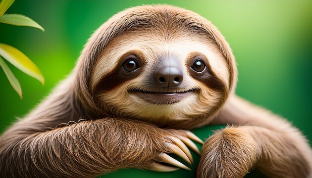 cute sloth smiling on a vibrant green background brings joy and warmth to any setting while engaging viewers with its charming appeal