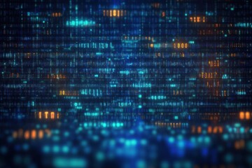 Abstract digital matrix of glowing binary code in blue and orange hues creating a futuristic and complex data visualization effect