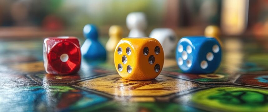 Close-up of colorful dice and game pieces on a board game surface with soft background blur suggesting strategy and playful atmosphere