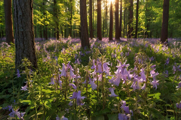 Photo of sunlight streams through a forest canopy onto a carpet of bluebells