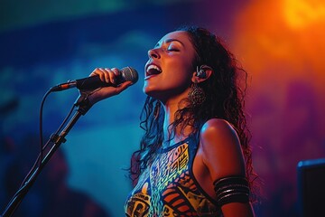 Passionate female singer performing on stage with microphone and colorful lighting expressing emotion