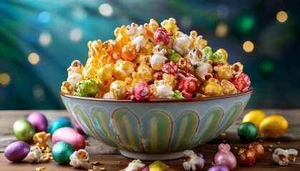 a bowl of homemade easter popcorn flavored with festive colors and sprinkles