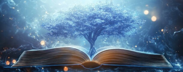 A large, glowing tree with shimmering blue and white leaves growing from the center of an open ancient book, surrounded by sparkling particles and ethereal light effects, conveying magic and wisdom