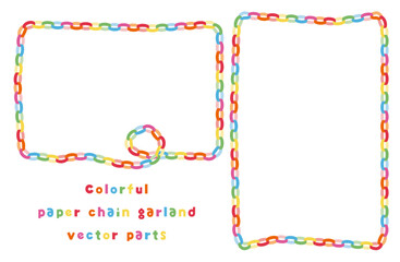 カラフルな輪つなぎ（ペーパーチェーン）のガーランドとフレーム素材セット｜装飾用パーツ,ベクター形式,背景透明, 輪かざり, 折り紙