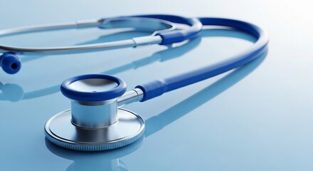 A blue stethoscope is laying on a blue surface in a medical setting