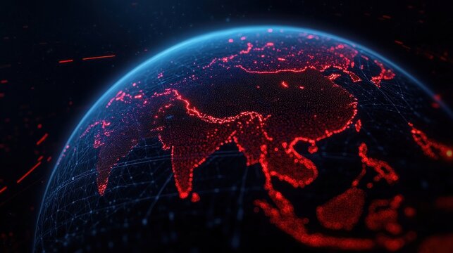 Digital glowing red dots map highlighting parts of Asia on a dark futuristic globe with network connections and data points