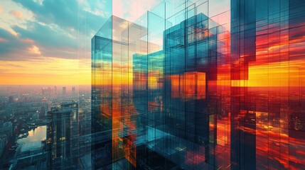 abstract cityscape at dusk showcasing modern architecture with glass facades reflecting a vibrant sunset and surrounding urban landscape creating a unique visual