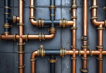 Intricate network of copper and black metal pipes connected with gold-colored fittings against a textured industrial wall, showcasing precision and mechanical order