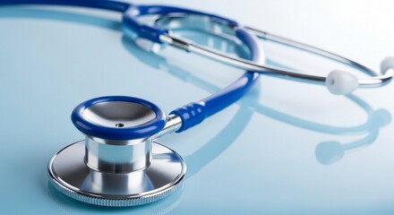 A blue stethoscope is on a blue surface ready for examination