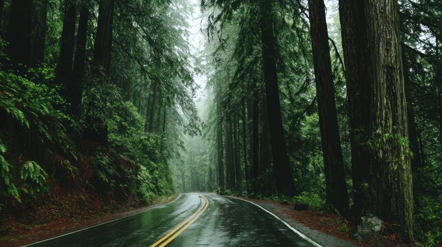 Lush forest road in rain