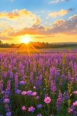 Fototapeta premium Bright golden sunset over a vibrant field of blooming purple flowers with a few pink flowers scattered and a partly cloudy sky creating a peaceful and warm atmosphere