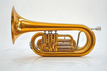 Shiny golden brass euphonium resting on white marble surface with intricate valves and reflective curves emitting a warm and elegant feeling
