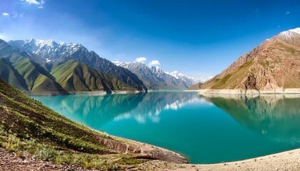 reservoir in uzbekistan reflecting the surrounding tian shan mountains on a bright summer day