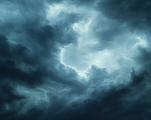 Obraz premium Dramatic dark storm clouds with a bright central opening illuminating textured turbulent sky