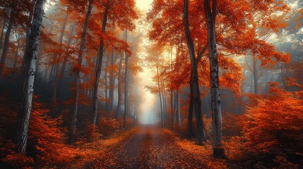 Fototapeta premium A serene forest pathway surrounded by tall trees with vibrant orange and red autumn leaves under soft morning fog and gentle sunlight