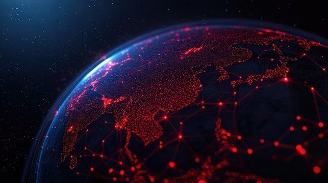 Digital representation of Earth focusing on Asia with illuminated red data points and connecting lines symbolizing global network and connectivity under starry space