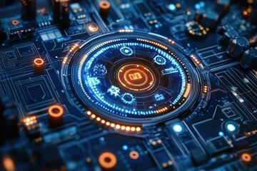 Glowing futuristic digital interface with blue and orange circular data elements on a complex technological circuit board
