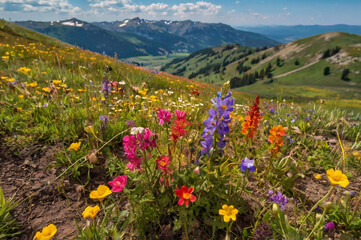 Fototapeta premium Photo of colorful wildflowers bloom in a mountain meadow under a blue sky