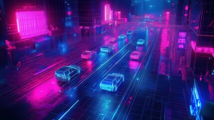Futuristic neon city street at night with glowing wireframe cars driving on a multi-lane road surrounded by illuminated tall buildings and bright billboards