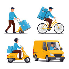 Delivery Vector Illustration Efficient Express Free Shipping for Online Shop & E-commerce with Courier Services Bike, Motorcycle, Truck, Handcart