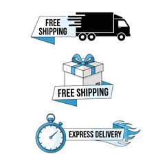 Delivery Vector Illustration Efficient Express Free Shipping for Online Shop & E-commerce with Courier Services Bike, Motorcycle, Truck, Handcart