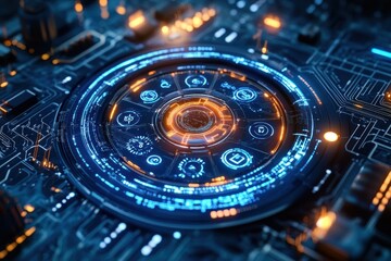 Futuristic digital interface with glowing circular HUD elements in blue and orange on a dark advanced circuit board background conveying high technology and innovation