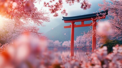 a tranquil japanese scene unfolding with a vermillion torii gate reflected in serene water amidst a flurry of ethereal cherry blossoms framing a distant mountain range