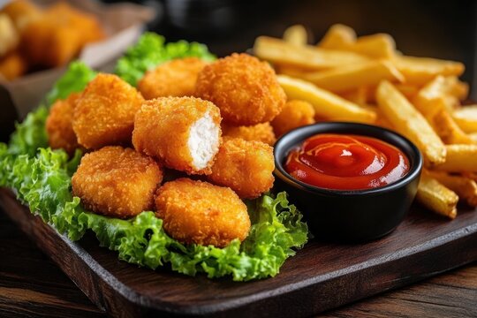 Close-up of crispy golden chicken nuggets on green lettuce leaves served with a small bowl of bright red ketchup and a side of golden French fries on a wooden tray