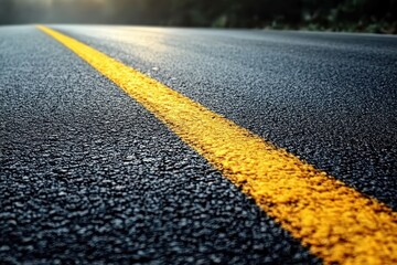 Close-up view of a textured asphalt road surface with a prominent single bright yellow line running through the middle under soft natural light