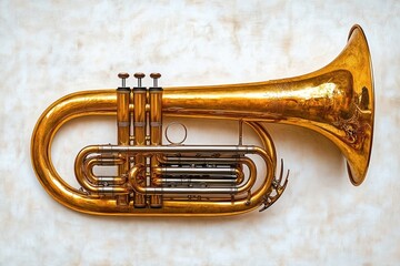 Naklejka premium Shiny brass euphonium musical instrument with intricate valves and tubing on textured light background