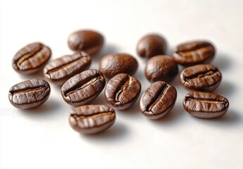 Fototapeta premium Close-up view of dark brown roasted coffee beans scattered on a white surface with soft lighting