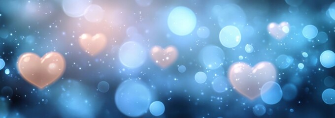 Obraz premium Soft glowing pink heart shapes floating among blue bokeh light orbs with a dreamy and magical atmosphere
