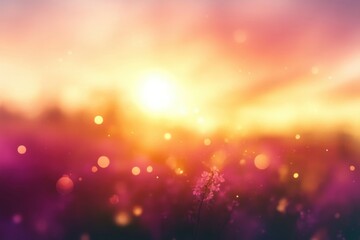 Fototapeta premium Soft glowing sunset over a blurred field of delicate pink and purple flowers with warm golden light and dreamy bokeh effects creating a serene atmosphere