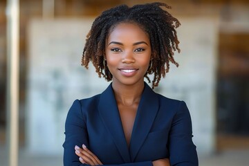 confident young black woman with natural curly hair wearing a dark navy blazer standing with arms crossed against a blurred neutral background