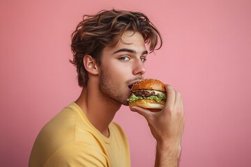 young man with tousled hair wearing yellow shirt about to take a bite from a fresh hamburger with lettuce and sesame seed bun against a pink background