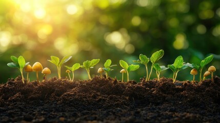 row of vibrant seedlings and mushrooms emerging from fertile soil under a golden sunlight representing new life and healthy sustainable ecosystems in nature