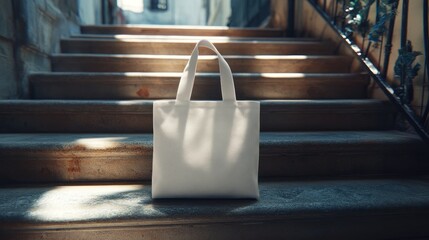 eco friendly white tote bag presentation resting stylishly on vintage staircase with wrought iron railing and soft natural light illuminating the scene