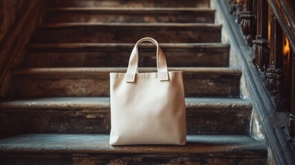 minimalist tote bag against a backdrop of aged stone steps presenting an aesthetic contrast between modern simplicity and classic architectural detail showcasing urban lifestyle