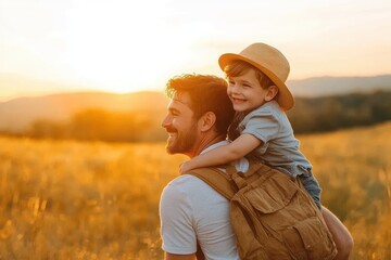 Father giving piggyback ride to smiling young boy wearing a straw hat in golden field at sunset