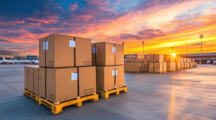 cardboard boxes on pallets with stunning sunset and airplanes, symbolizing international trade, logistics and the global movement of goods and supplies, efficient transportation
