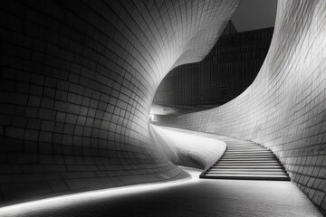 Curved modern staircase and tunnel-like architectural structure with smooth flowing lines and illuminated path in monochrome lighting