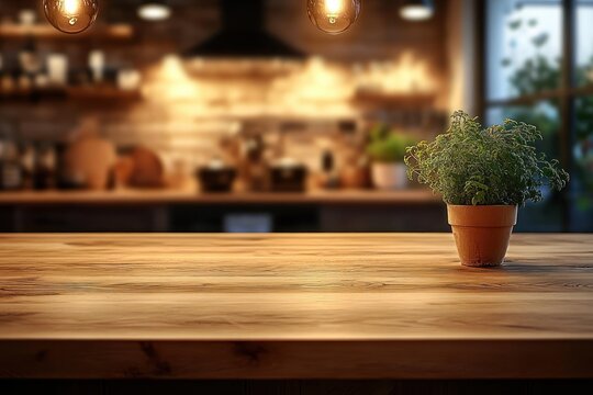 small green plant in a terracotta pot sitting on a clean wooden table with warm glowing lights and blurred kitchen background creating a cozy and inviting atmosphere