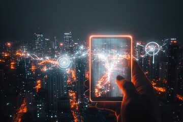 Hand holding smartphone with glowing digital interface overlay against illuminated city skyline at night
