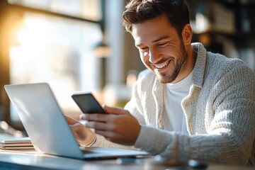 Young man smiling while using smartphone and laptop at cozy indoor workspace with natural light