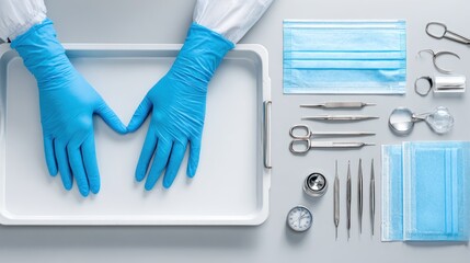 Dental tools and gloves on a tray