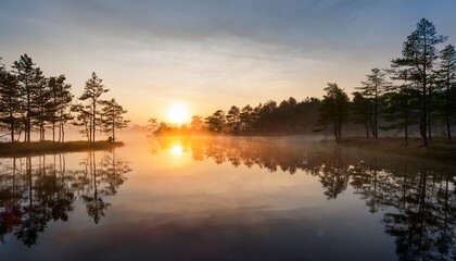 Obraz premium tranquil sunrise over lake reflection of trees in water nature landscape