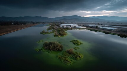 Industrial agriculture runoff causing algal bloom in lake under moody sky