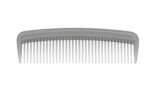 Gray plastic hair comb lying flat, showcasing minimalist design for grooming and styling applications